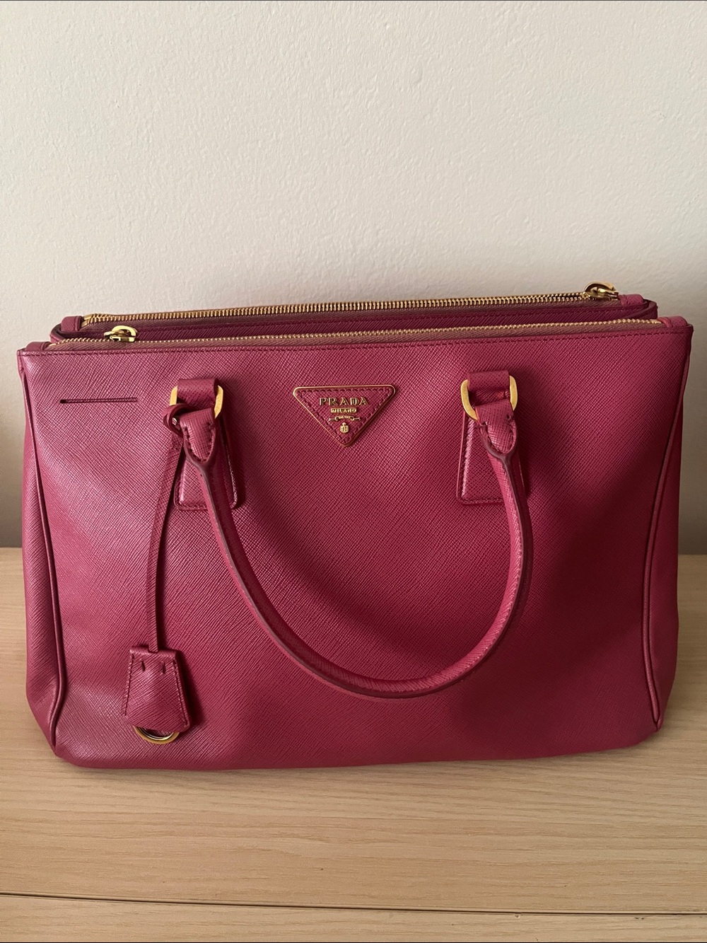 Prada Raspberry Saffiano Leather Satchel with Gold Hardware